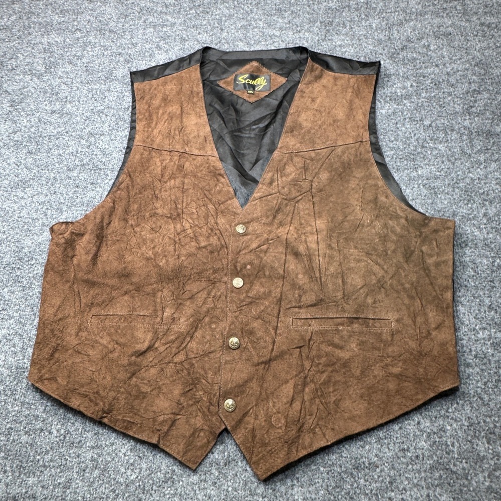 Scully Leather Vest Mens 2XL Brown Suede Oklahoma State Seal Snap Western Cowboy